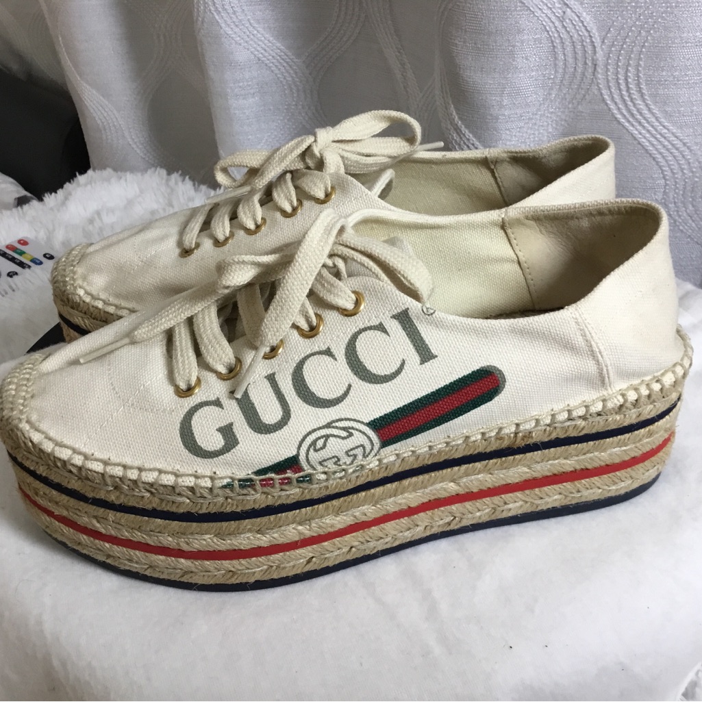 Gucci Cream Canvas Platform Espadrille Sneakers With Web Stripe